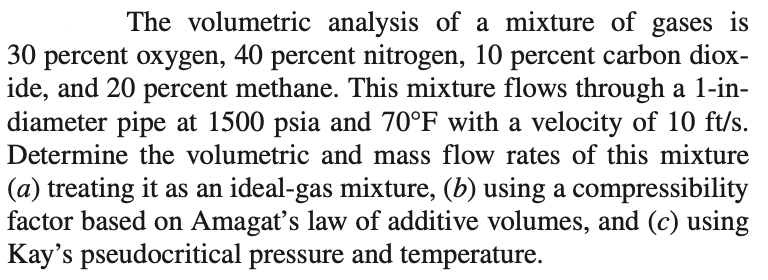 The volumetric analysis of a mixture of gases is
30 percent oxygen, 40 percent nitrogen, 10 percent carbon diox-
ide, and 20 percent methane. This mixture flows through a 1-in-
diameter pipe at 1500 psia and 70°F with a velocity of 10 ft/s.
Determine the volumetric and mass flow rates of this mixture
(a) treating it as an ideal-gas mixture, (b) using a compressibility
factor based on Amagat's law of additive volumes, and (c) using
Kay's pseudocritical pressure and temperature.
