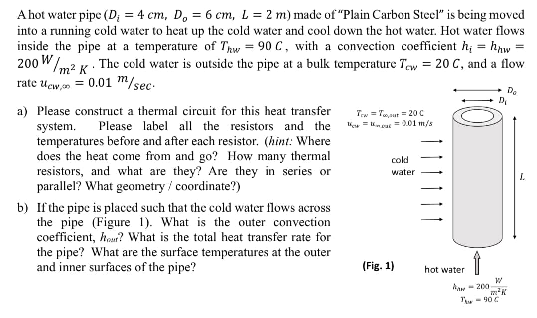 =
A hot water pipe (Di = 4 cm, Do = 6 cm, L = 2 m) made of "Plain Carbon Steel" is being moved
into a running cold water to heat up the cold water and cool down the hot water. Hot water flows
inside the pipe at a temperature of Thw = 90 C, with a convection coefficient h₁ = hhw =
The cold water is outside the pipe at a bulk temperature Tcw = 20 C, and a flow
= 0.01 m/sec.
200 W/m² K
rate Ucw,00
a) Please construct a thermal circuit for this heat transfer
system. Please label all the resistors and the
temperatures before and after each resistor. (hint: Where
does the heat come from and go? How many thermal
resistors, and what are they? Are they in series or
parallel? What geometry / coordinate?)
b) If the pipe is placed such that the cold water flows across
the pipe (Figure 1). What is the outer convection
coefficient, hout? What is the total heat transfer rate for
the pipe? What are the surface temperatures at the outer
and inner surfaces of the pipe?
Tew Too,out 20 C
Ucw uo,out = 0.01 m/s
cold
water
Do
Di
(Fig. 1)
hot water
hhw = 200
W
m²K
Thw = 90 C
L