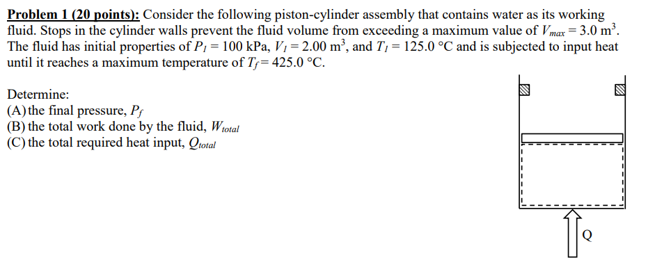 Problem 1 (20 points): Consider the following piston-cylinder assembly that contains water as its working
fluid. Stops in the cylinder walls prevent the fluid volume from exceeding a maximum value of Vmax = 3.0 m³.
The fluid has initial properties of P₁ = 100 kPa, V₁ = 2.00 m³, and T₁ = 125.0 °C and is subjected to input heat
until it reaches a maximum temperature of Tƒ= 425.0 °C.
Determine:
(A) the final pressure, Pf
(B) the total work done by the fluid, Wtotal
(C) the total required heat input, Qtotal
Q
