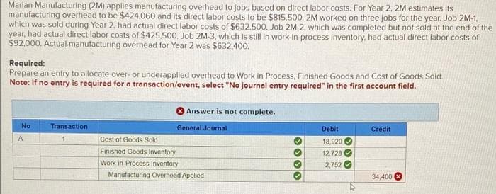 Marian Manufacturing (2M) applies manufacturing overhead to jobs based on direct labor costs. For Year 2, 2M estimates its
manufacturing overhead to be $424,060 and its direct labor costs to be $815,500. 2M worked on three jobs for the year. Job 2M-1.
which was sold during Year 2, had actual direct labor costs of $632.500. Job 2M-2, which was completed but not sold at the end of the
year, had actual direct labor costs of $425,500. Job 2M-3, which is still in work-in-process inventory, had actual direct labor costs of
$92,000. Actual manufacturing overhead for Year 2 was $632,400.
Required:
Prepare an entry to allocate over- or underapplied overhead to Work in Process, Finished Goods and Cost of Goods Sold.
Note: If no entry is required for a transaction/event, select "No journal entry required" in the first account field.
No
A
Transaction
1
Answer is not complete.
General Journal
Cost of Goods Sold
Finished Goods Inventory
Work-in-Process Inventory
Manufacturing Overhead Applied
3333
Debit
18,920
12,728
2,752
Credit
34,400