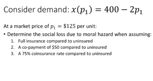 -
Consider demand: x(p₁) = 400 — 2p1
At a market price of p₁ = $125 per unit:
• Determine the social loss due to moral hazard when assuming:
1. Full insurance compared to uninsured
2. A co-payment of $50 compared to uninsured
3. A 75% coinsurance rate compared to uninsured