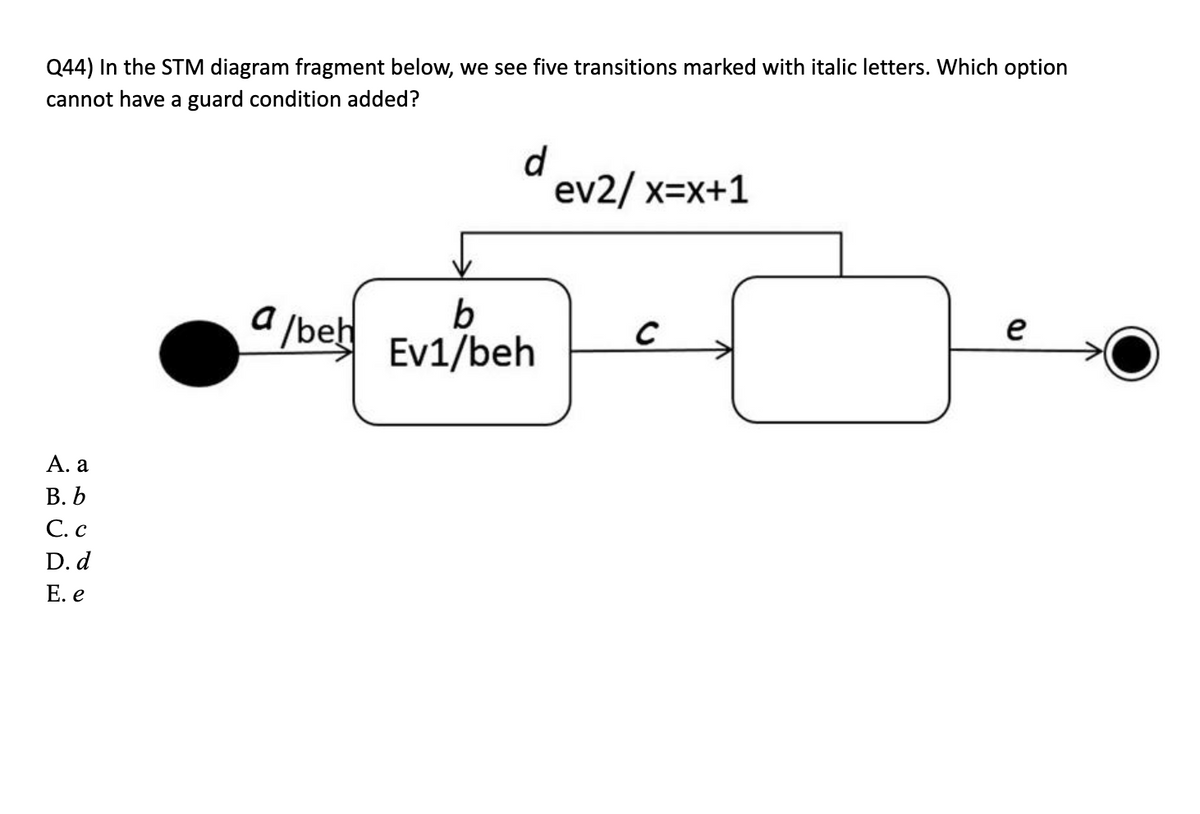 Q44) In the STM diagram fragment below, we see five transitions marked with italic letters. Which option
cannot have a guard condition added?
dev2/x=x+1
A. a
B. b
C. c
D. d
E. e
b
a/beh Ev1/beh
с
e