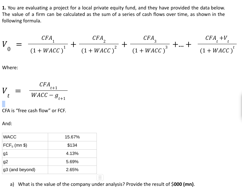 1. You are evaluating a project for a local private equity fund, and they have provided the data below.
The value of a firm can be calculated as the sum of a series of cash flows over time, as shown in the
following formula.
V
0
=
Where:
CFA
+
(1 + WACC)¹
CFA2
(1 + WACC)²
CFA3
+...+
+
(1 + WACC)³
CFA+V+
(1 + WACC)*
CFA
t+1
V =
WACC
-
9.
t+1
CFA is "free cash flow" or FCF.
And:
WACC
15.67%
FCF (mn $)
$134
g1
4.13%
g2
5.69%
g3 (and beyond)
2.65%
a) What is the value of the company under analysis? Provide the result of $000 (mn).