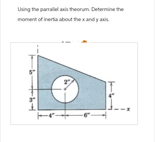 Using the parrallel axis theorum. Determine the
moment of inertia about the x and y axis.
5"
3"
上
2"
4″→
-6"