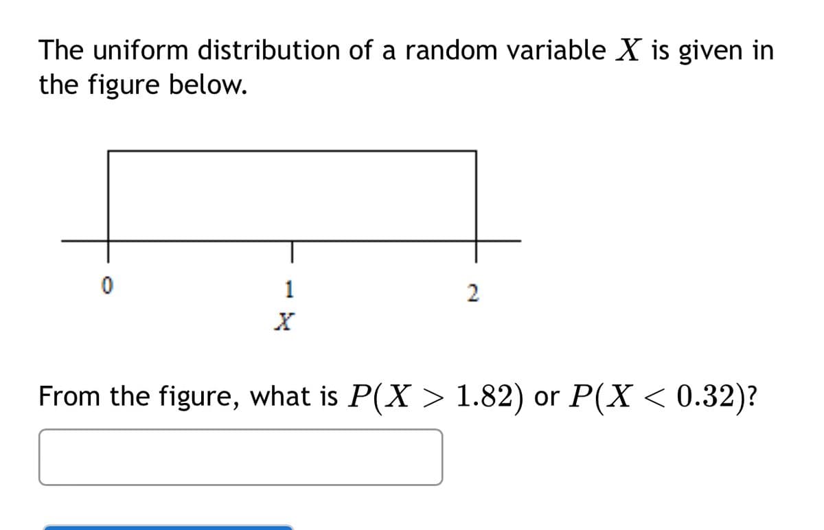 The uniform distribution of a random variable X is given in
the figure below.
0
1
2
X
From the figure, what is P(X > 1.82) or P(X < 0.32)?