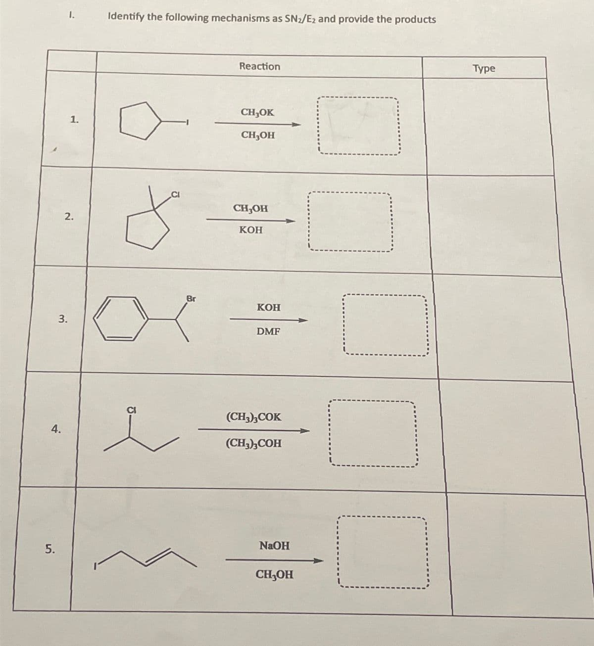 1.
Identify the following mechanisms as SN2/E2 and provide the products
Reaction
CH₂OK
1.
CH3OH
2.
と
CH3OH
KOH
3.
4.
3.
Br
KOH
DMF
(CH3)3COK
(CH3)3COH
5.
NaOH
CH₂OH
Type