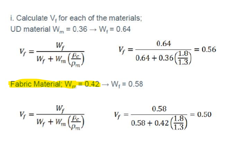 i. Calculate V₁ for each of the materials;
UD material W=0.36 → W₁= 0.64
V₁ =
Wf
W₁ + Wm
V₁
Pc
Pm²
V₁ =
Fabric Material; W = 0.42 → W₁ = 0.58
Wf
W₁
+ Wm (Pc)
Pm
0.64
1.8
0.64 +0.36 (13)
Vf
0.58
0.58+0.42 (13)
1.8
= 0.56
= 0.50