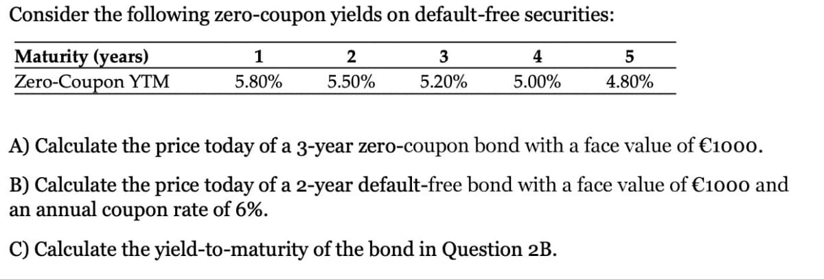 Consider the following zero-coupon yields on default-free securities:
Maturity (years)
1
2
3
4
5
Zero-Coupon YTM
5.80%
5.50%
5.20%
5.00%
4.80%
A) Calculate the price today of a 3-year zero-coupon bond with a face value of €1000.
B) Calculate the price today of a 2-year default-free bond with a face value of €1000 and
an annual coupon rate of 6%.
C) Calculate the yield-to-maturity of the bond in Question 2B.