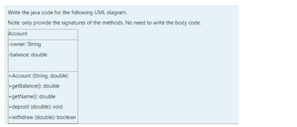Write the java code for the following UML diagram.
Note: only provide the signatures of the methods. No need to write the body code.
Account
-owner: String
-balance: double
+Account (String, double)
+getBalance0: double
+getName0: double
+deposit (double): void
+withdraw (double): boolean
