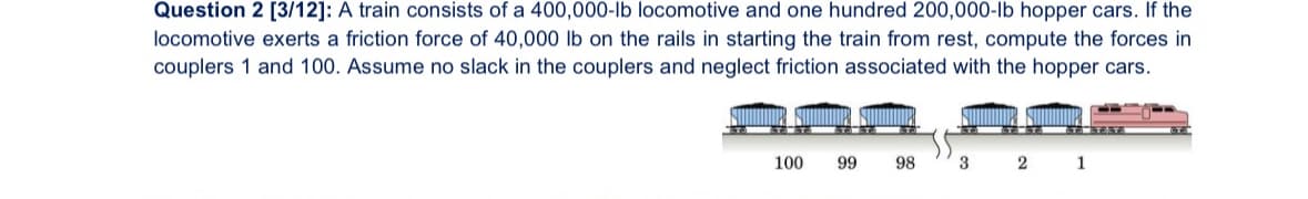 Question 2 [3/12]: A train consists of a 400,000-lb locomotive and one hundred 200,000-lb hopper cars. If the
locomotive exerts a friction force of 40,000 lb on the rails in starting the train from rest, compute the forces in
couplers 1 and 100. Assume no slack in the couplers and neglect friction associated with the hopper cars.
100
99 98
3 2 1