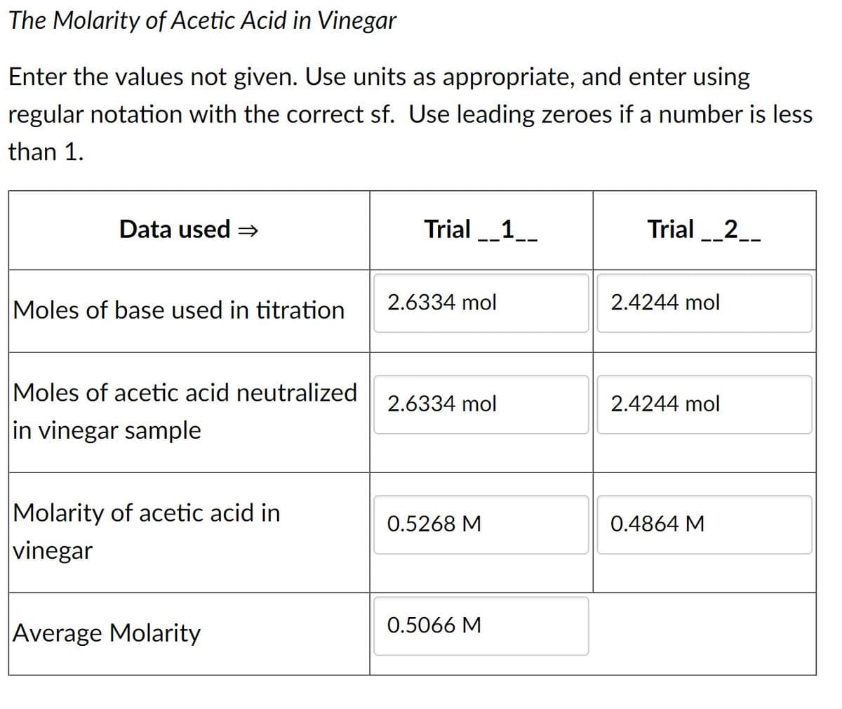 The Molarity of Acetic Acid in Vinegar
Enter the values not given. Use units as appropriate, and enter using
regular notation with the correct sf. Use leading zeroes if a number is less
than 1.
Data used =
Trial _1__
Trial _2__
2.6334 mol
2.4244 mol
Moles of base used in titration
Moles of acetic acid neutralized
2.6334 mol
2.4244 mol
in vinegar sample
Molarity of acetic acid in
0.5268 M
0.4864 M
vinegar
0.5066 M
Average Molarity
