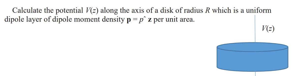 Calculate the potential V(z) along the axis of a disk of radius R which is a uniform
dipole layer of dipole moment density p = p^ z per unit area.
V(z)