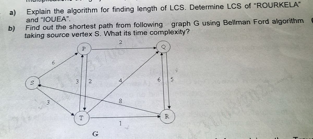 a)
b)
Explain the algorithm for finding length of LCS. Determine LCS of "ROURKELA"
and "IOUEA”.
Find out the shortest path from following graph G using Bellman Ford algorithm
taking source vertex S. What its time complexity?
2
S
3
6
3
P
T
2
11
4
00
8
1
6
R
5
ㅏ