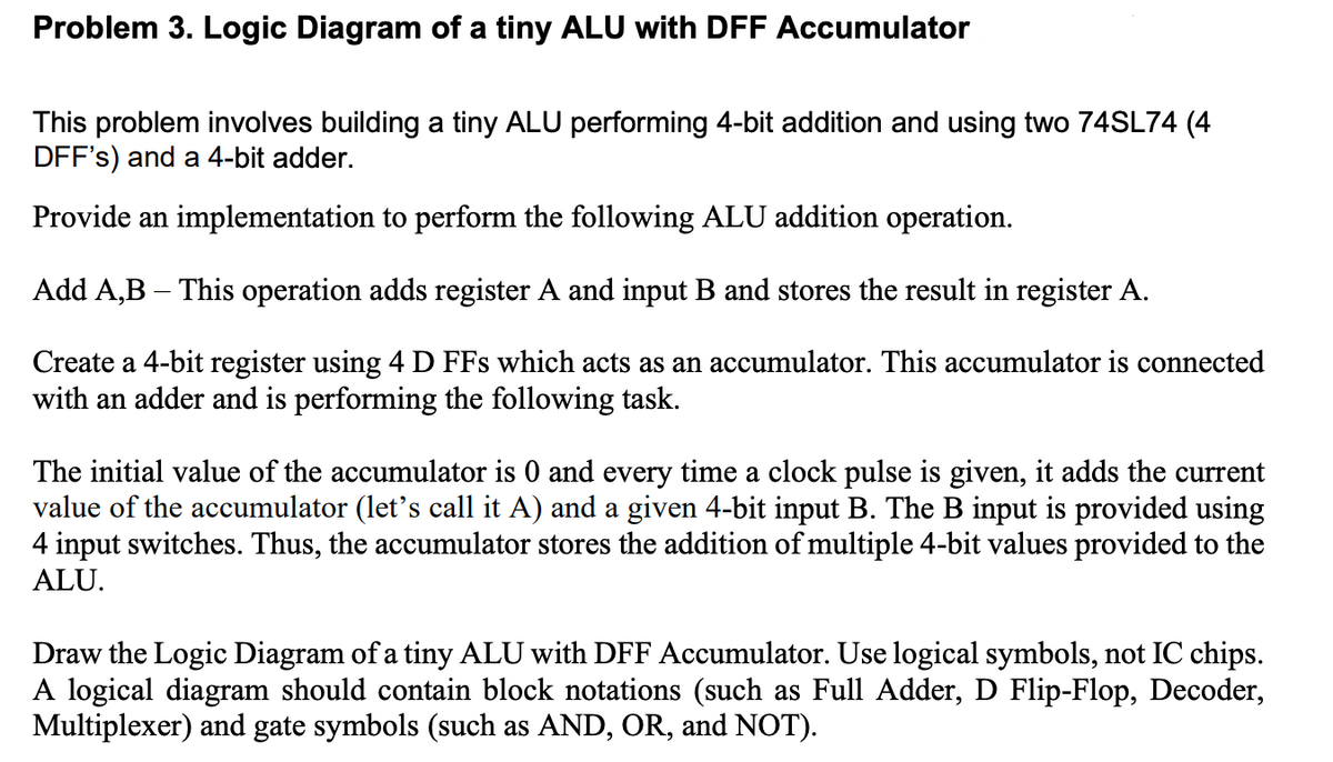Problem 3. Logic Diagram of a tiny ALU with DFF Accumulator
This problem involves building a tiny ALU performing 4-bit addition and using two 74SL74 (4
DFF's) and a 4-bit adder.
Provide an implementation to perform the following ALU addition operation.
Add A,B - This operation adds register A and input B and stores the result in register A.
Create a 4-bit register using 4 D FFs which acts as an accumulator. This accumulator is connected
with an adder and is performing the following task.
The initial value of the accumulator is 0 and every time a clock pulse is given, it adds the current
value of the accumulator (let's call it A) and a given 4-bit input B. The B input is provided using
4 input switches. Thus, the accumulator stores the addition of multiple 4-bit values provided to the
ALU.
Draw the Logic Diagram of a tiny ALU with DFF Accumulator. Use logical symbols, not IC chips.
A logical diagram should contain block notations (such as Full Adder, D Flip-Flop, Decoder,
Multiplexer) and gate symbols (such as AND, OR, and NOT).