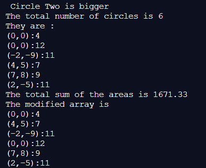 Circle Two is bigger
The total number of circles is 6
They are :
(0,0):4
(0,0):12
(-2,-9):11
(4,5):7
(7,8):9
(2,-5):11
The total sum of the areas is 1671.33
The modified array is
(0,0):4
(4,5):7
(-2,-9):11
(0,0):12
(7,8):9
(2,-5):11