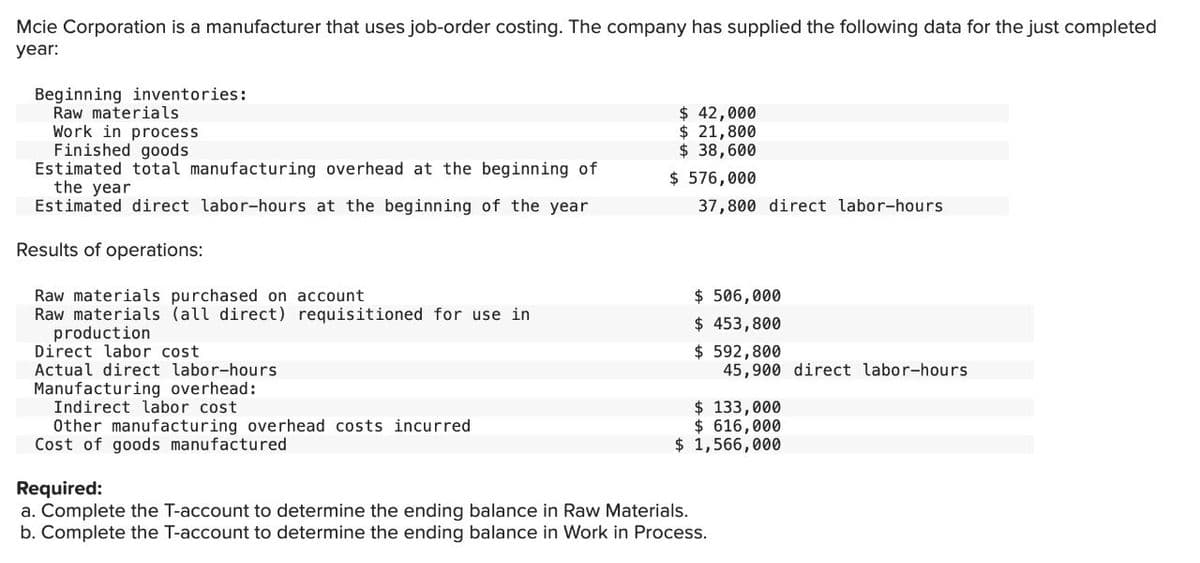 Mcle Corporation is a manufacturer that uses job-order costing. The company has supplied the following data for the just completed
year:
Beginning inventories:
Raw materials
Work in process
Finished goods
Estimated total manufacturing overhead at the beginning of
the year
Estimated direct labor-hours at the beginning of the year
Results of operations:
Raw materials purchased on account
Raw materials (all direct) requisitioned for use in
production
Direct labor cost
Actual direct labor-hours
Manufacturing overhead:
Indirect labor cost
Other manufacturing overhead costs incurred
Cost of goods manufactured
Required:
$ 42,000
$ 21,800
$ 38,600
$ 576,000
37,800 direct labor-hours
$ 506,000
$ 453,800
$ 592,800
45,900 direct labor-hours
$ 133,000
$ 616,000
$ 1,566,000
a. Complete the T-account to determine the ending balance in Raw Materials.
b. Complete the T-account to determine the ending balance in Work in Process.
