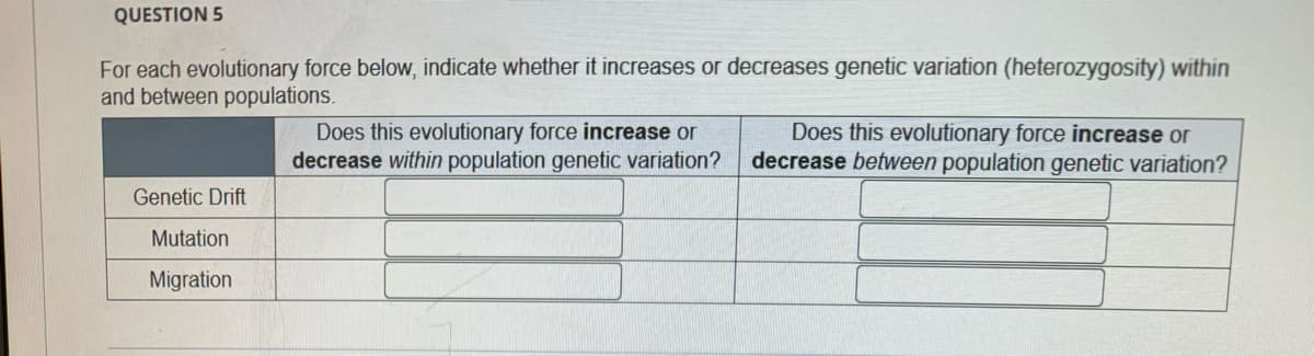 QUESTION 5
For each evolutionary force below, indicate whether it increases or decreases genetic variation (heterozygosity) within
and between populations.
Does this evolutionary force increase or
decrease within population genetic variation?
Does this evolutionary force increase or
decrease between population genetic variation?
Genetic Drift
Mutation
Migration
