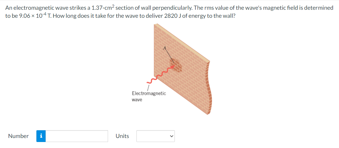 An electromagnetic wave strikes a 1.37-cm² section of wall perpendicularly. The rms value of the wave's magnetic field is determined
to be 9.06 × 10-4 T. How long does it take for the wave to deliver 2820 J of energy to the wall?
Number i
Units
Electromagnetic
wave