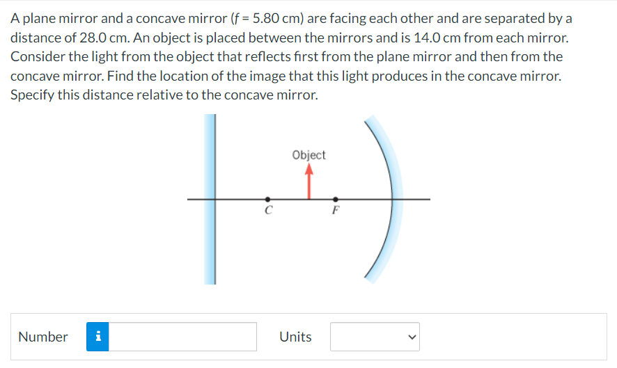 A plane mirror and a concave mirror (f = 5.80 cm) are facing each other and are separated by a
distance of 28.0 cm. An object is placed between the mirrors and is 14.0 cm from each mirror.
Consider the light from the object that reflects first from the plane mirror and then from the
concave mirror. Find the location of the image that this light produces in the concave mirror.
Specify this distance relative to the concave mirror.
Object
C
F
Number i
Units