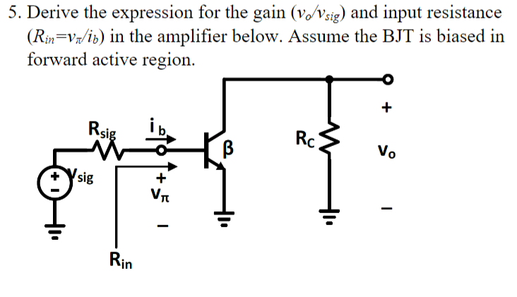5. Derive the expression for the gain (vo/vsig) and input resistance
(Rin=v/ib) in the amplifier below. Assume the BJT is biased in
forward active region.
Rsig
+
Rc
Vo
sig
Μπ
Rin