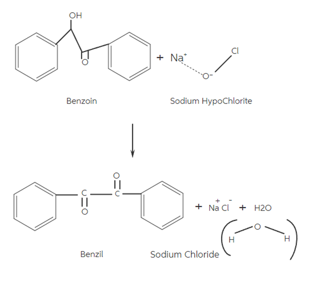 OH
dow
Benzoin
+ Na*
Sodium Hypochlorite
UMO
+ NaCl + H2O
H
H
Benzil
Sodium Chloride