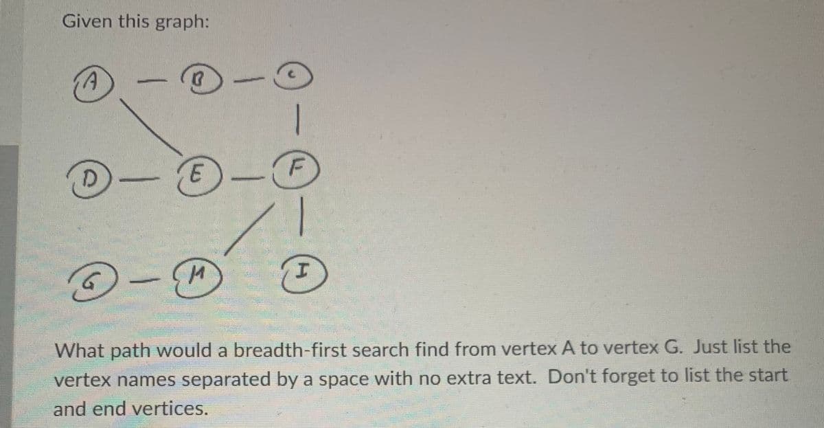 Given this graph:
A
-
3-
- F
D-E
G-M
What path would a breadth-first search find from vertex A to vertex G. Just list the
vertex names separated by a space with no extra text. Don't forget to list the start
and end vertices.
I