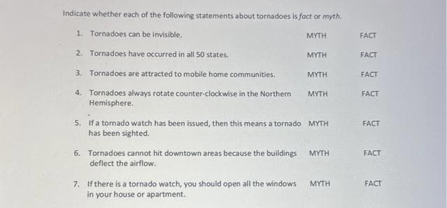 Indicate whether each of the following statements about tornadoes is fact or myth.
1. Tornadoes can be invisible.
MYTH
2. Tornadoes have occurred in all 50 states.
3. Tornadoes are attracted to mobile home communities.
4. Tornadoes always rotate counter-clockwise in the Northern
Hemisphere.
MYTH
MYTH
7. If there is a tornado watch, you should open all the windows
in your house or apartment.
MYTH
5. If a tomado watch has been issued, then this means a tornado MYTH
has been sighted.
6. Tornadoes cannot hit downtown areas because the buildings MYTH
deflect the airflow.
MYTH
FACT
FACT
FACT
FACT
FACT
FACT
FACT
