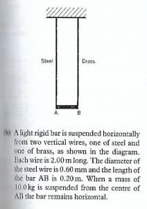 Steel
Crass
B
(Alight rigid bar is suspended horizontally
from two vertical wires, one of steel and
one of brass, as shown in the diagram.
Each wire is 2.00 m long. The diamcter of
the steel wire is 0.60 mm and the length of
the bar AB is 0.20 m. When a mass of
10.0 kg is suspended from the centre of
AB the bar remains horizontal.
