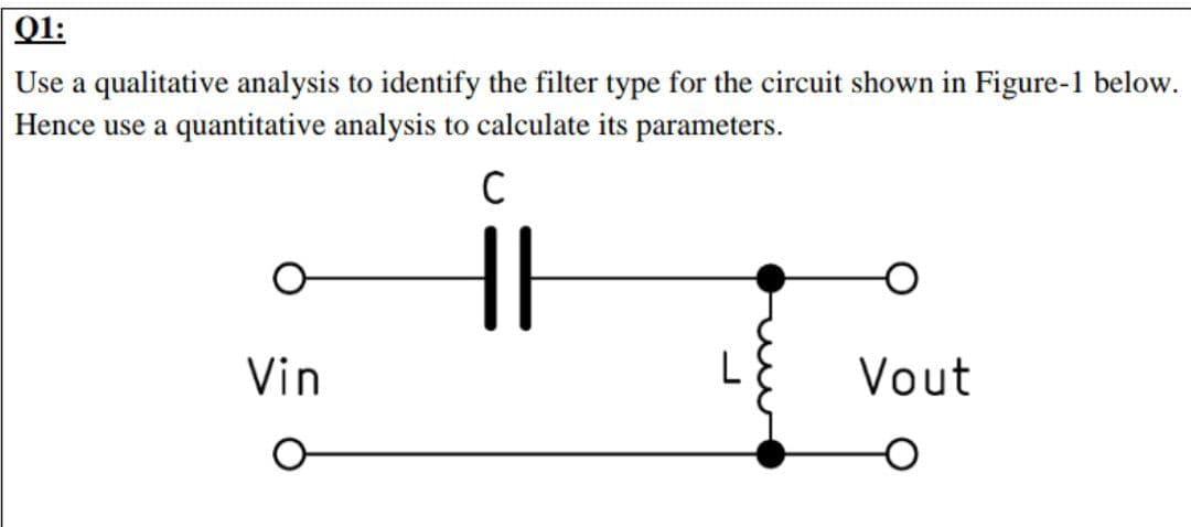 Q1:
Use a qualitative analysis to identify the filter type for the circuit shown in Figure-1 below.
Hence use a quantitative analysis to calculate its parameters.
Vin
L
Vout
