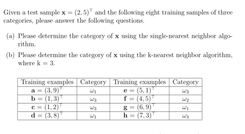 Given a test sample x = (2,5) and the following eight training samples of three
categories, please answer the following questions.
(a) Please determine the category of x using the single-nearest neighbor algo-
rithm.
(b) Please determine the category of x using the k-nearest neighbor algorithm,
where k = 3.
Training examples Category Training examples Category
e = (5, 1)T
W3
f = (4,5)
a = (3,9)
b = (1,3)
c = (1, 2)
d
(3,8)
ال
W3
W3
W1
g
h
(6,9)
(7,3)
ولا
الا
W3