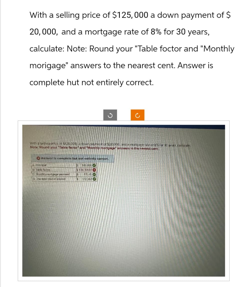 With a selling price of $125,000 a down payment of $
20,000, and a mortgage rate of 8% for 30 years,
calculate: Note: Round your "Table foctor and "Monthly
morigage" answers to the nearest cent. Answer is
complete hut not entirely correct.
With a selling price of $125,000, a down payment of $20,000, and a mortgage rate of 8% for 30 years, calculate.
Note: Round your "Table factor" and "Monthly mortgage" answers to the nearest cent
Answer is complete but not entirely correct,
A. Principal
B Table factor
C.Monthly mortgage payment
D The total cost of interest
$
106.000
$ 136 30000
770.4
S 172,362
