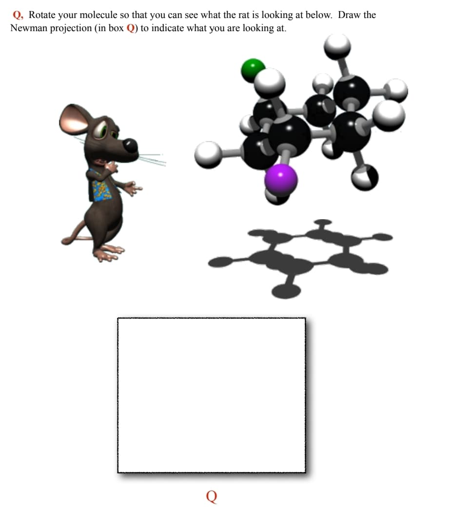 Q, Rotate your molecule so that you can see what the rat is looking at below. Draw the
Newman projection (in box Q) to indicate what you are looking at.