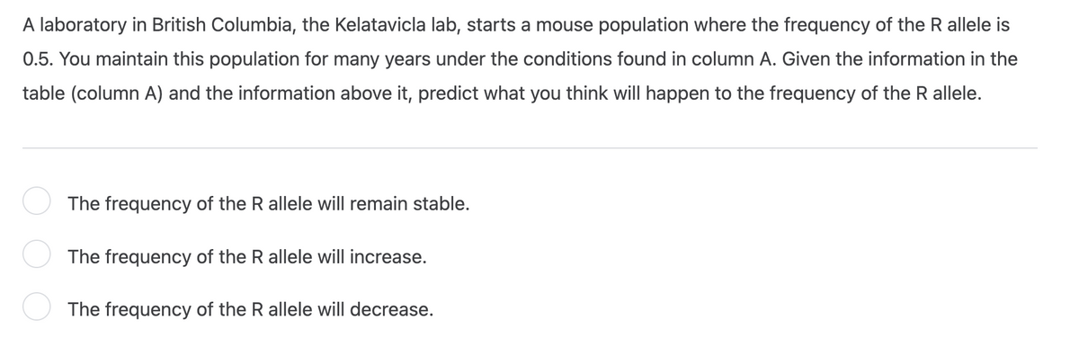 A laboratory in British Columbia, the Kelatavicla lab, starts a mouse population where the frequency of the R allele is
0.5. You maintain this population for many years under the conditions found in column A. Given the information in the
table (column A) and the information above it, predict what you think will happen to the frequency of the R allele.
The frequency of the R allele will remain stable.
The frequency of the R allele will increase.
The frequency of the R allele will decrease.