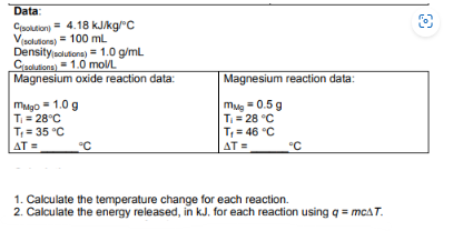 Data:
Csolution) = 4.18 kJ/kg/°C
V(solutions) = 100 mL
Density (solutions) = 1.0 g/mL
Csolutions) 1.0 mol/L
Magnesium oxide reaction data:
mgo=1.0 g
T₁ = 28°C
T₁ = 35 °C
AT=
°C
Magnesium reaction data:
mug = 0.5 g
T₁ = 28 °C
T₁ = 46 °C
AT=
°C
1. Calculate the temperature change for each reaction.
2. Calculate the energy released, in kJ. for each reaction using q = mcAT.
