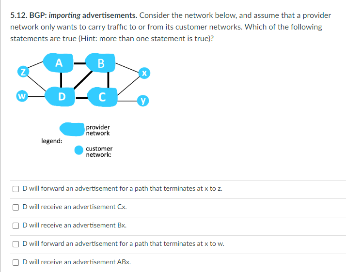 5.12. BGP: importing advertisements. Consider the network below, and assume that a provider
network only wants to carry traffic to or from its customer networks. Which of the following
statements are true (Hint: more than one statement is true)?
B
W
A
D
legend:
C
provider
network
customer
network:
X
y
D will forward an advertisement for a path that terminates at x to z.
D will receive an advertisement Cx.
D will receive an advertisement Bx.
D will forward an advertisement for a path that terminates at x to w.
D will receive an advertisement ABx.