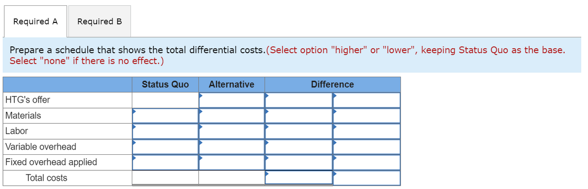 Required A Required B
Prepare a schedule that shows the total differential costs. (Select option "higher" or "lower", keeping Status Quo as the base.
Select "none" if there is no effect.)
HTG's offer
Materials
Labor
Variable overhead
Fixed overhead applied
Total costs
Status Quo
Alternative
Difference