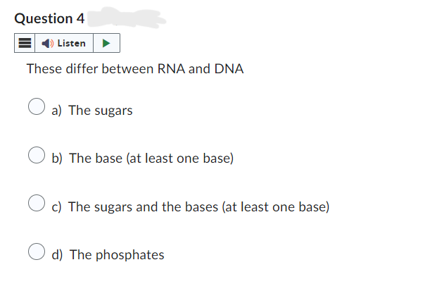 Question 4
Listen
These differ between RNA and DNA
a) The sugars
b) The base (at least one base)
c) The sugars and the bases (at least one base)
d) The phosphates