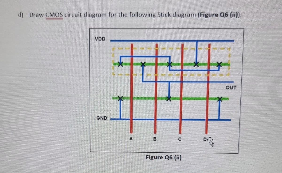 d) Draw CMOS circuit diagram for the following Stick diagram (Figure Q6 (ii)):
VDD
GND
9290
A
BEA
B
K
Figure Q6 (ii)
OUT