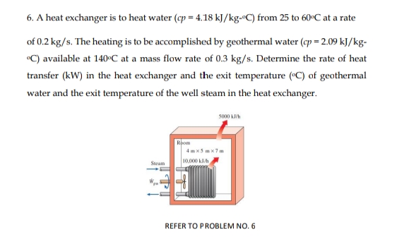 6. A heat exchanger is to heat water (cp = 4.18 kJ/kg-«C) from 25 to 60 C at a rate
of 0.2 kg/s. The heating is to be accomplished by geothermal water (ep = 2.09 kJ/kg-
°C) available at 140»C at a mass flow rate of 0.3 kg/s. Determine the rate of heat
transfer (kW) in the heat exchanger and the exit temperature (C) of geothermal
water and the exit temperature of the well steam in the heat exchanger.
s000 kh
Room
4 mx5 m x7 m
10.000 kh
Steam
REFER TO PROBLEM NO. 6
