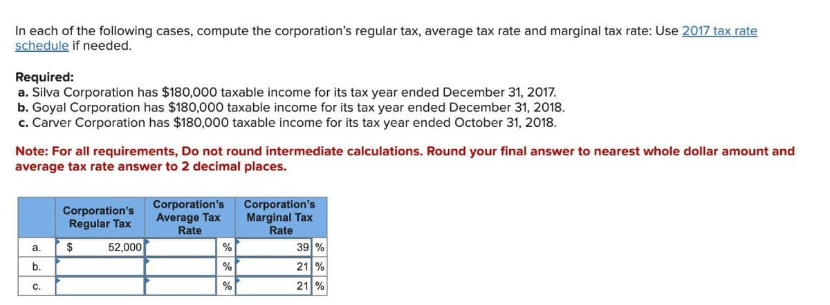 In each of the following cases, compute the corporation's regular tax, average tax rate and marginal tax rate: Use 2017 tax rate
schedule if needed.
Required:
a. Silva Corporation has $180,000 taxable income for its tax year ended December 31, 2017.
b. Goyal Corporation has $180,000 taxable income for its tax year ended December 31, 2018.
c. Carver Corporation has $180,000 taxable income for its tax year ended October 31, 2018.
Note: For all requirements, Do not round intermediate calculations. Round your final answer to nearest whole dollar amount and
average tax rate answer to 2 decimal places.
Corporation's
Regular Tax
Corporation's
Average Tax
Rate
Corporation's
Marginal Tax
Rate
a.
$
52,000
%
39 %
b.
C.
%
21 %
%
21 %