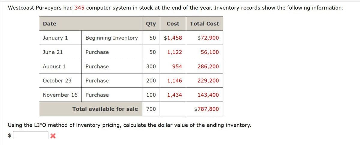 Westcoast Purveyors had 345 computer system in stock at the end of the year. Inventory records show the following information:
Date
Qty Cost
Total Cost
January 1
Beginning Inventory
50 $1,458
$72,900
June 21
Purchase
50 1,122
56,100
August 1
Purchase
300
954
286,200
October 23
Purchase
200
1,146
229,200
November 16
Purchase
100
1,434
143,400
Total available for sale 700
$787,800
Using the LIFO method of inventory pricing, calculate the dollar value of the ending inventory.
$
×