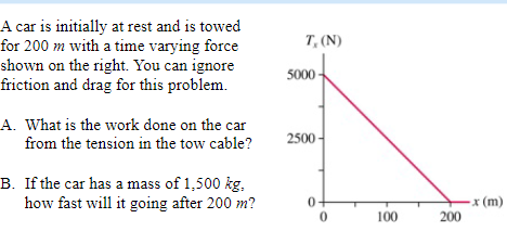 A car is initially at rest and is towed
for 200 m with a time varying force
shown on the right. You can ignore
friction and drag for this problem.
A. What is the work done on the car
from the tension in the tow cable?
B. If the car has a mass of 1,500 kg,
how fast will it going after 200 m?
T, (N)
5000-
2500-
0-
-x (m)
0
100
200