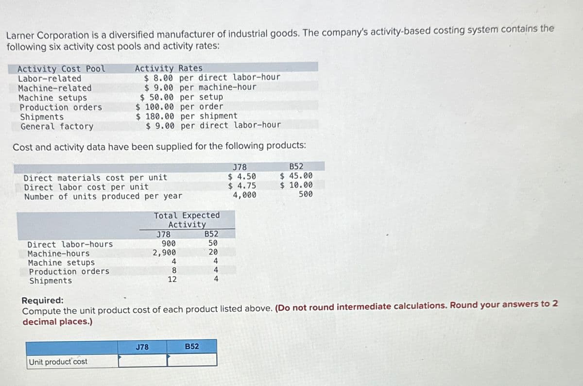 Larner Corporation is a diversified manufacturer of industrial goods. The company's activity-based costing system contains the
following six activity cost pools and activity rates:
Activity Cost Pool
Labor-related
Machine-related
Machine setups
Production orders
Shipments
General factory
Activity Rates
$ 8.00 per direct labor-hour
$9.00 per machine-hour
$ 50.00 per setup
$ 100.00 per order
$ 180.00 per shipment
$ 9.00 per direct labor-hour
Cost and activity data have been supplied for the following products:
Direct materials cost per unit
J78
$ 4.50
$ 4.75
B52
$ 45.00
4,000
$ 10.00
500
Direct labor cost per unit
Number of units produced per year
Total Expected
Activity
J78
B52
Direct labor-hours
900
50
Machine-hours
2,900
20
Machine setups
4
4
Production orders
8
4
Shipments
12
4
Required:
Compute the unit product cost of each product listed above. (Do not round intermediate calculations. Round your answers to 2
decimal places.)
J78
B52
Unit product cost