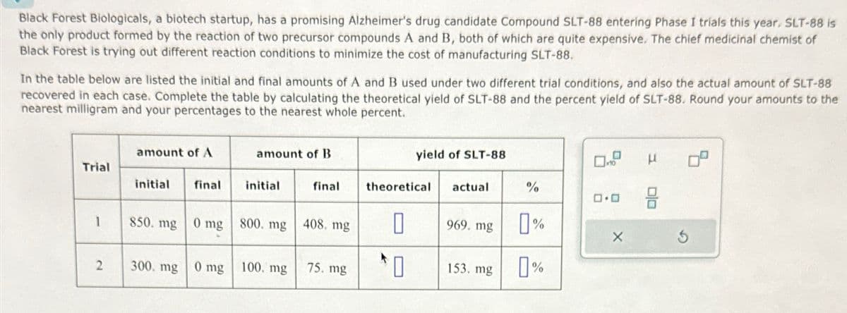 Black Forest Biologicals, a biotech startup, has a promising Alzheimer's drug candidate Compound SLT-88 entering Phase I trials this year. SLT-88 is
the only product formed by the reaction of two precursor compounds A and B, both of which are quite expensive. The chief medicinal chemist of
Black Forest is trying out different reaction conditions to minimize the cost of manufacturing SLT-88.
In the table below are listed the initial and final amounts of A and B used under two different trial conditions, and also the actual amount of SLT-88
recovered in each case. Complete the table by calculating the theoretical yield of SLT-88 and the percent yield of SLT-88. Round your amounts to the
nearest milligram and your percentages to the nearest whole percent.
amount of A
amount of B
yield of SLT-88
μ
Trial
initial final
initial
final
theoretical
actual
%
0.0
HO
1
850. mg
0 mg
800. mg
408. mg
0
969. mg
0%
2
300. mg 0 mg 100. mg
75. mg
153. mg
0%