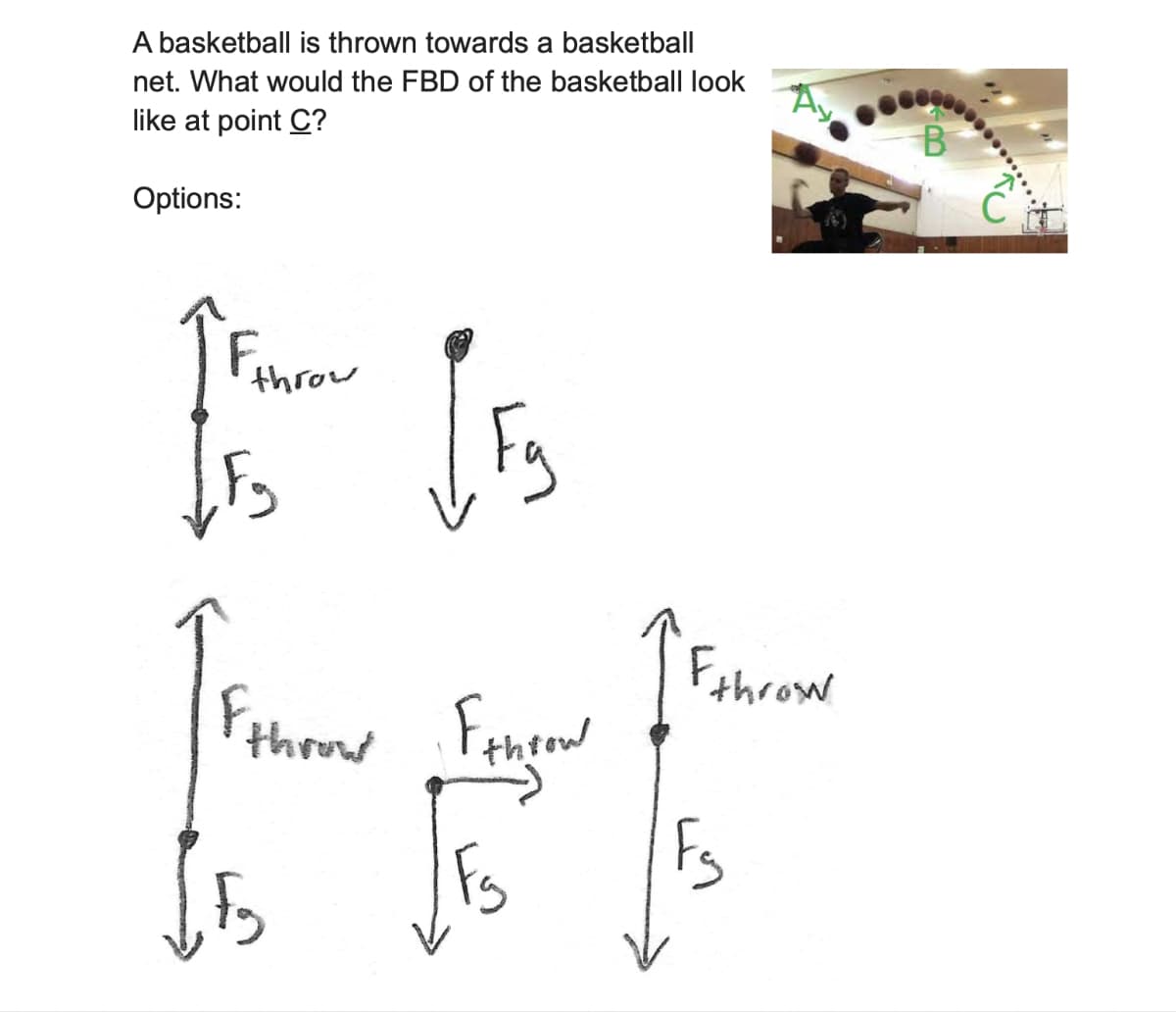 A basketball is thrown towards a basketball
net. What would the FBD of the basketball look
like at point C?
Options:
B
throw
والا
Fg
throw throw
IF throw
Fs