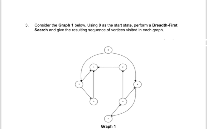 3. Consider the Graph 1 below. Using 0 as the start state, perform a Breadth-First
Search and give the resulting sequence of vertices visited in each graph.
Graph 1