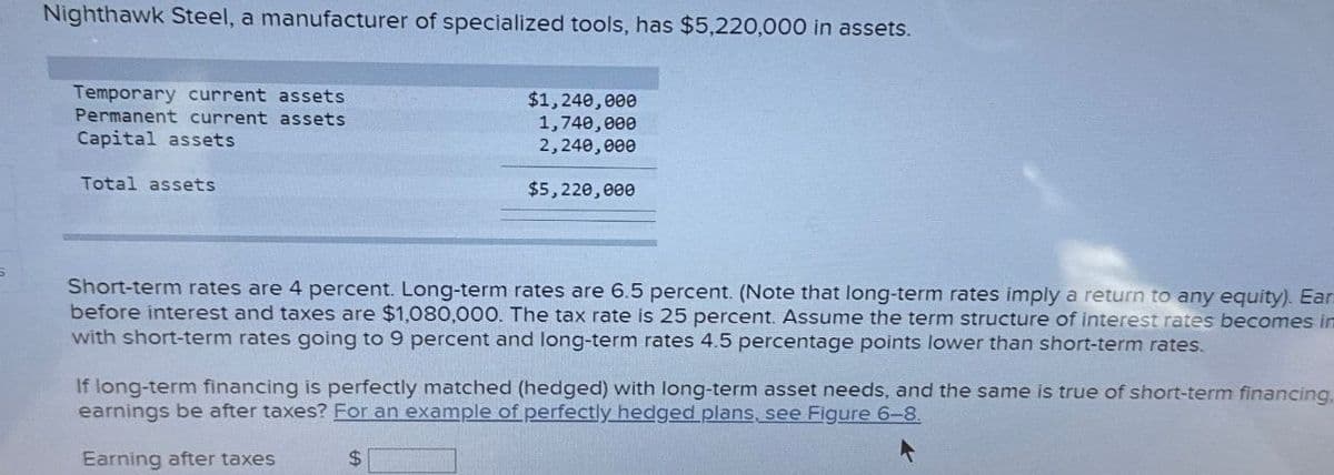 Nighthawk Steel, a manufacturer of specialized tools, has $5,220,000 in assets.
Temporary current assets
Permanent current assets
Capital assets
Total assets
$1,240,000
1,740,000
2,240,000
$5,220,000
Short-term rates are 4 percent. Long-term rates are 6.5 percent. (Note that long-term rates imply a return to any equity). Ear
before interest and taxes are $1,080,000. The tax rate is 25 percent. Assume the term structure of interest rates becomes im
with short-term rates going to 9 percent and long-term rates 4.5 percentage points lower than short-term rates.
If long-term financing is perfectly matched (hedged) with long-term asset needs, and the same is true of short-term financing
earnings be after taxes? For an example of perfectly hedged plans, see Figure 6-8.
Earning after taxes
$