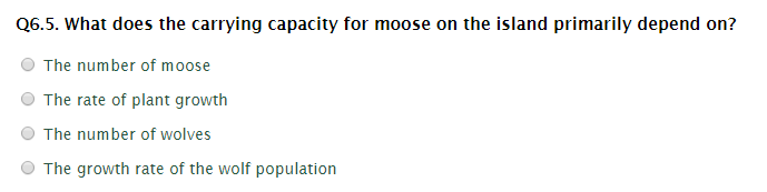 Q6.5. What does the carrying capacity for moose on the island primarily depend on?
The number of moose
The rate of plant growth
The number of wolves
The growth rate of the wolf population