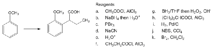 OCH 3
OCH COOH
CH3
Reagents
a.
C. PBr3
6-8-11
d. NaCN
b.
CH3COCI, AICI 3
NaBH4 then H3O+
g.
BH3/THF then H2O2, OH
h.
(CH3)2CHCOCI, AICI
i.
H₂, Pd/C
j.
NBS, CCI4
H3O+
k.
Br₂, CH2Cl2
f.
CH3CH2COCI, AICI3