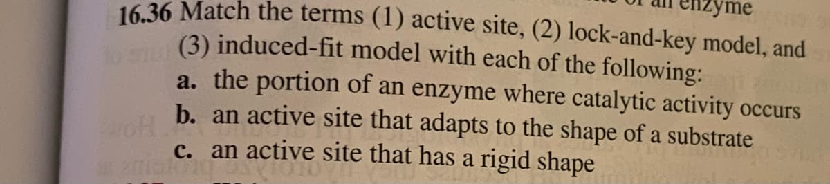 zyme
NO
16.36 Match the terms (1) active site, (2) lock-and-key model, and
(3) induced-fit model with each of the following:
a. the portion of an enzyme where catalytic activity occurs
b. an active site that adapts to the shape of a substrate
c. an active site that has a rigid shape